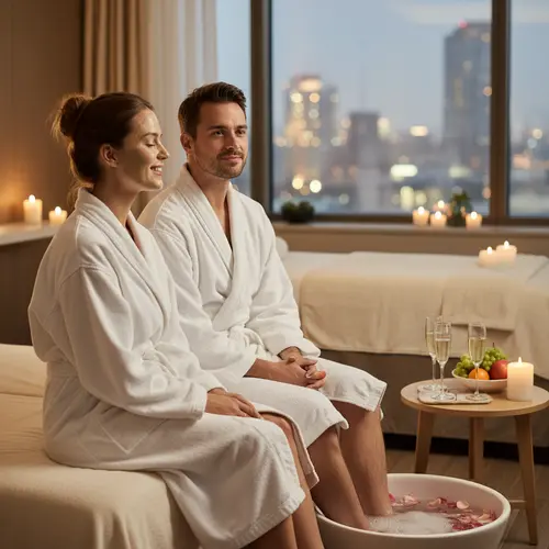 זוג בחלוקי רחצה בספא יוקרתי עם נוף לעיר, נהנה מאמבט רגליים